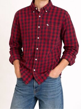 Abercrombie & Fitch Muscle Fit Red Navy Plaid Button Down Shirt Men's L